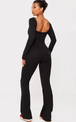 Black Cotton Detail Flare Leg Jumpsuit