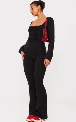 Black Cotton Detail Flare Leg Jumpsuit