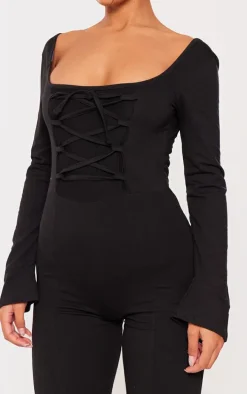 Black Cotton Detail Flare Leg Jumpsuit