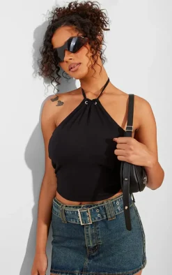 Black Cotton Eyelet Detail Neck Tie Top