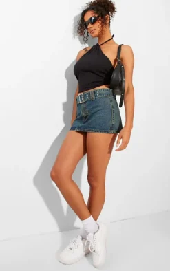 Black Cotton Eyelet Detail Neck Tie Top