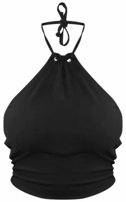 Black Cotton Eyelet Detail Neck Tie Top