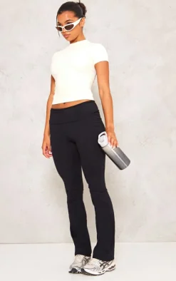 Black Cotton Fold Over Waist Flare Pants