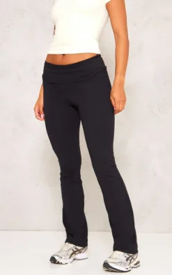 Black Cotton Fold Over Waist Flare Pants