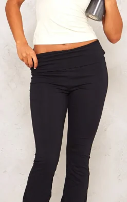 Black Cotton Fold Over Waist Flare Pants