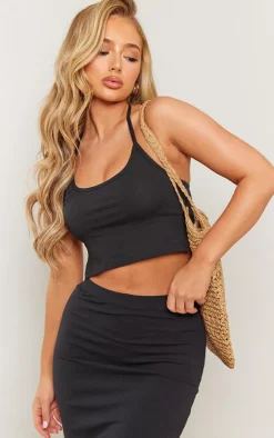 Black Cotton Halterneck Split Hem Cami Top