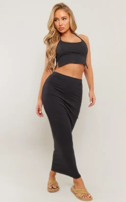 Black Cotton Halterneck Split Hem Cami Top