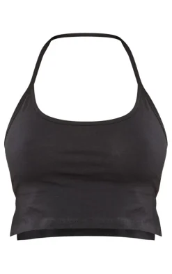 Black Cotton Halterneck Split Hem Cami Top