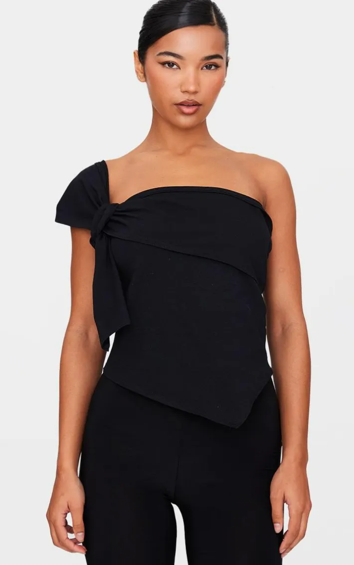 Black Cotton Knot Detail Asymmetric Shoulder Long Top