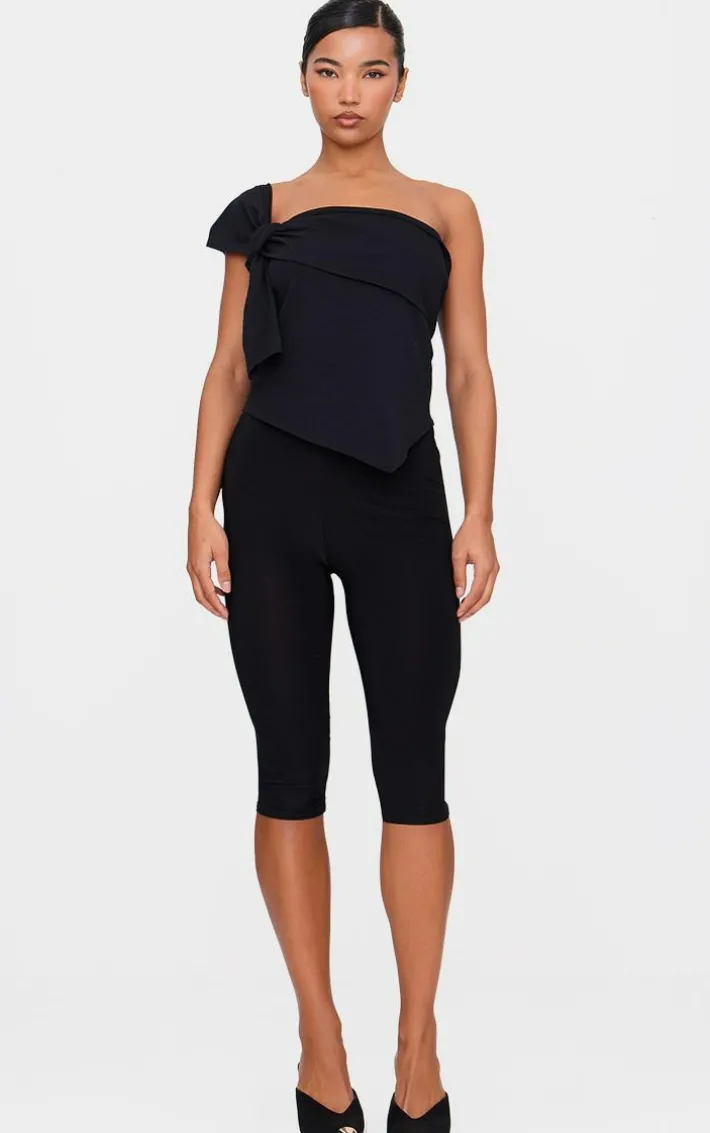 Black Cotton Knot Detail Asymmetric Shoulder Long Top