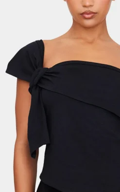 Black Cotton Knot Detail Asymmetric Shoulder Long Top