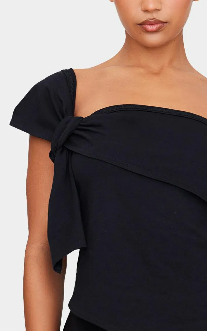 Black Cotton Knot Detail Asymmetric Shoulder Long Top