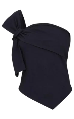 Black Cotton Knot Detail Asymmetric Shoulder Long Top