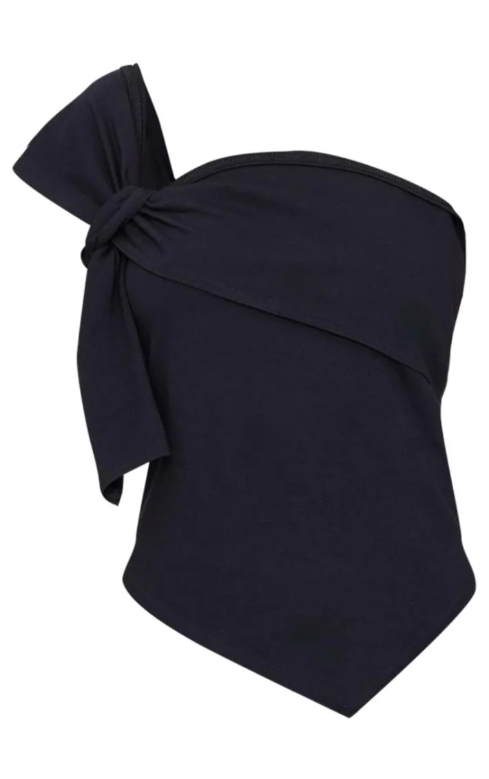 Black Cotton Knot Detail Asymmetric Shoulder Long Top