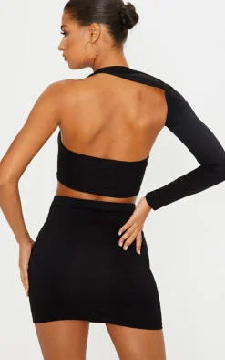 Black Cotton One Shoulder Asymmetric Crop Top