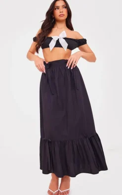 Black Cotton Poplin Bow Detail Maxi Skirt