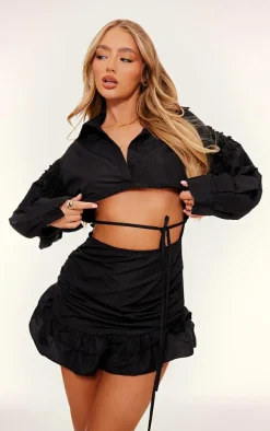 Black Cotton Poplin Cut Out Frill Shirt Dress