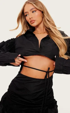 Black Cotton Poplin Cut Out Frill Shirt Dress