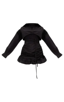 Black Cotton Poplin Cut Out Frill Shirt Dress