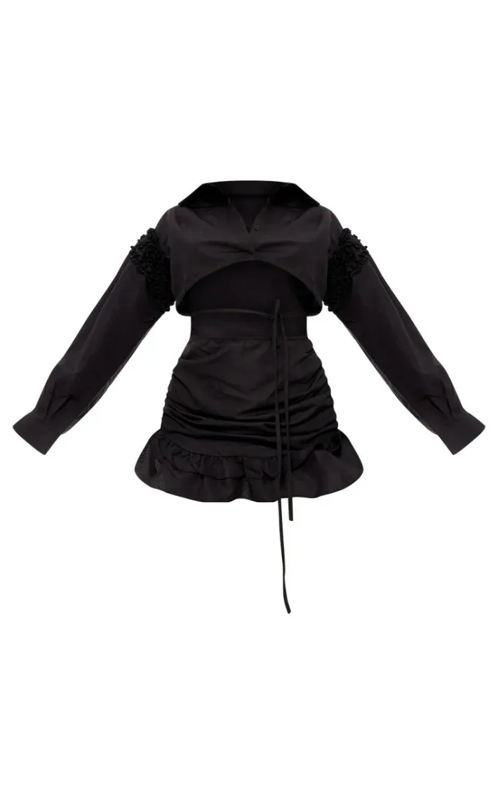 Black Cotton Poplin Cut Out Frill Shirt Dress