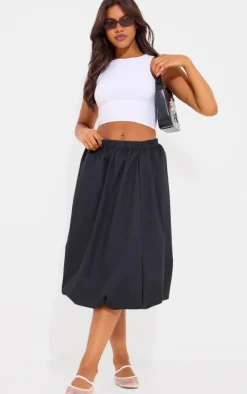 Black Cotton Poplin Midi Puffball Skirt