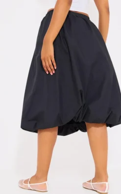 Black Cotton Poplin Midi Puffball Skirt