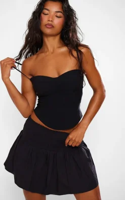 Black Cotton Poplin Shirred Waist Mini Skirt