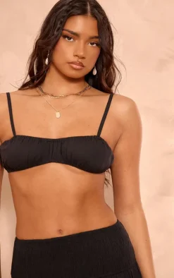 Black Cotton Poplin Strappy Ruched Bralette