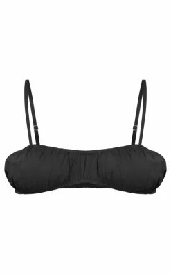 Black Cotton Poplin Strappy Ruched Bralette