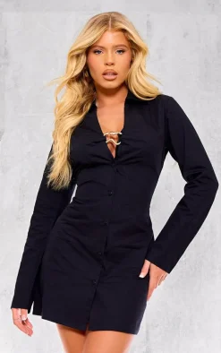 Black Cotton Poplin Trim Detail Shirt Dress