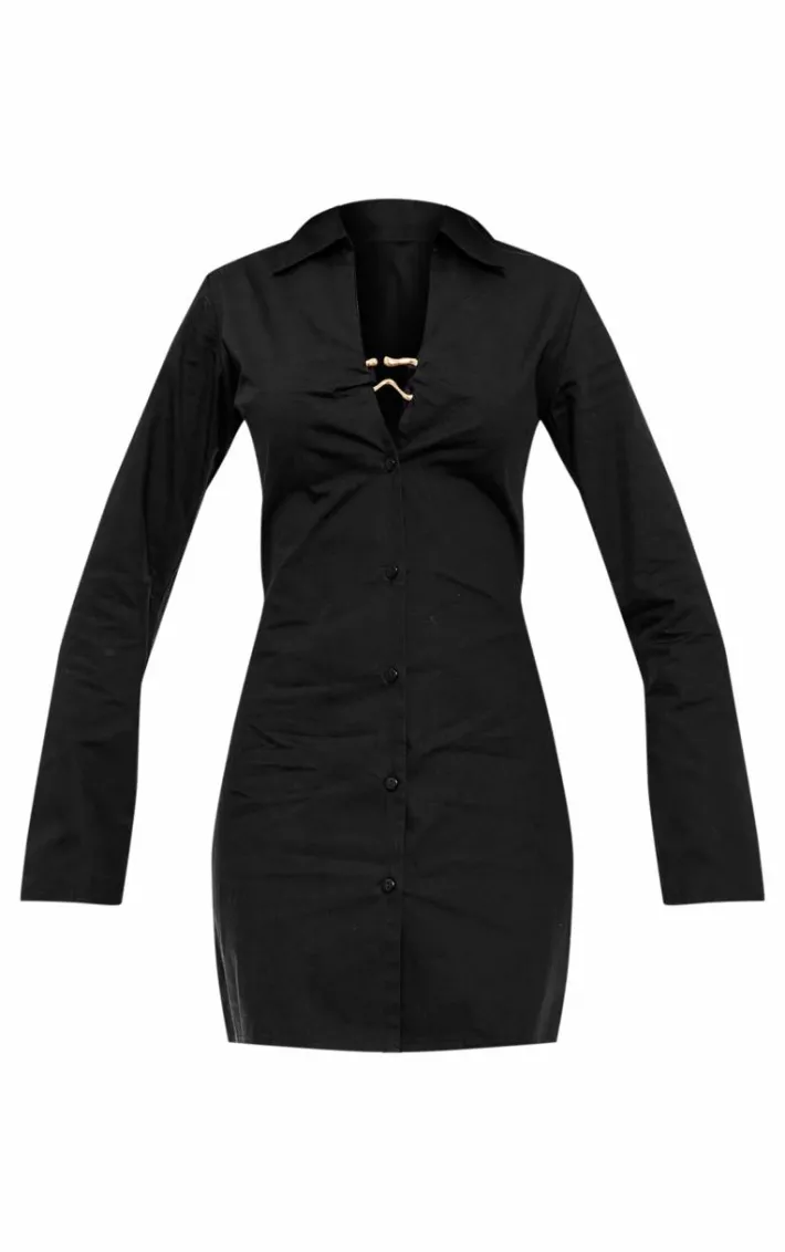 Black Cotton Poplin Trim Detail Shirt Dress