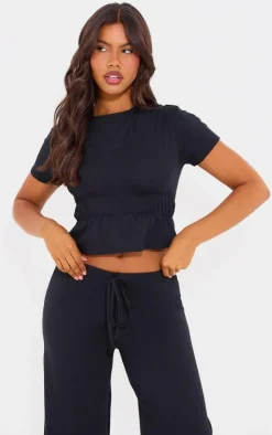 Black Cotton Ruched Detail Top