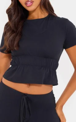 Black Cotton Ruched Detail Top