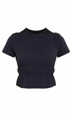 Black Cotton Ruched Detail Top