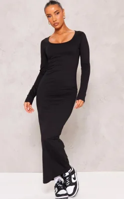 Black Cotton Scoop Neck Long Sleeve Midaxi Dress