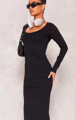 Black Cotton Scoop Neck Long Sleeve Midaxi Dress