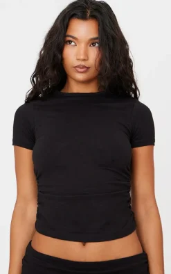 Black Cotton Side Cap Sleeve Ruched Top