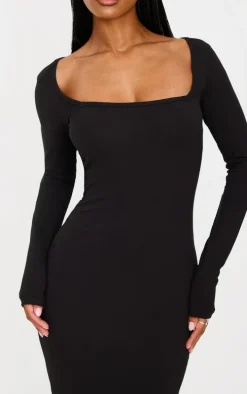 Black Cotton Square Neck Long Sleeve Maxi Dress