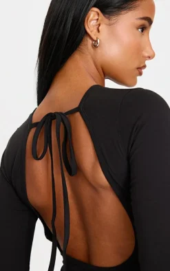 Black Cotton Tie Scoop Back Mini Dress