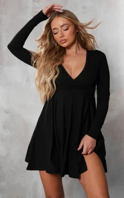 Black Cotton Wrap Long Sleeve Skater Dress