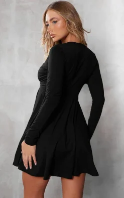 Black Cotton Wrap Long Sleeve Skater Dress