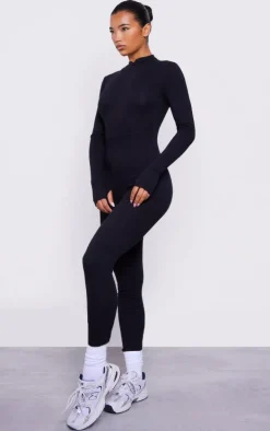 Black Cotton Zip Front Catsuit