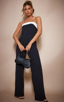Black Crepe Contrast Fold Over Detail Wide Leg Jumpsuit