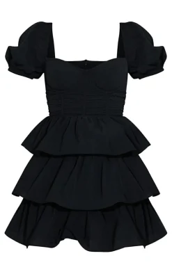 Black Crinkle Cup Detail Tiered Skirt Skater Dress