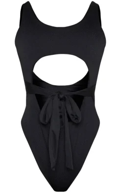 Black Crinkle Cut Out Belted Swimsuit