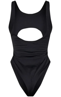 Black Crinkle Cut Out Belted Swimsuit