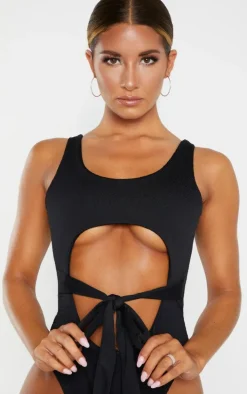 Black Crinkle Cut Out Belted Swimsuit