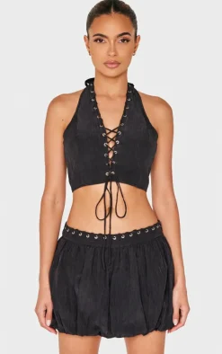 Black Crinkle Eyelet Detail Halterneck Top