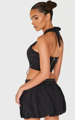 Black Crinkle Eyelet Detail Halterneck Top