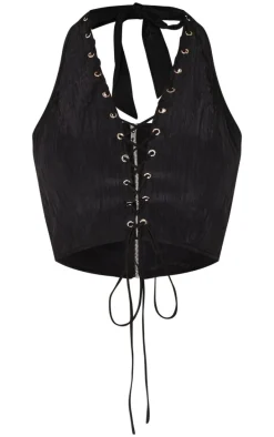 Black Crinkle Eyelet Detail Halterneck Top